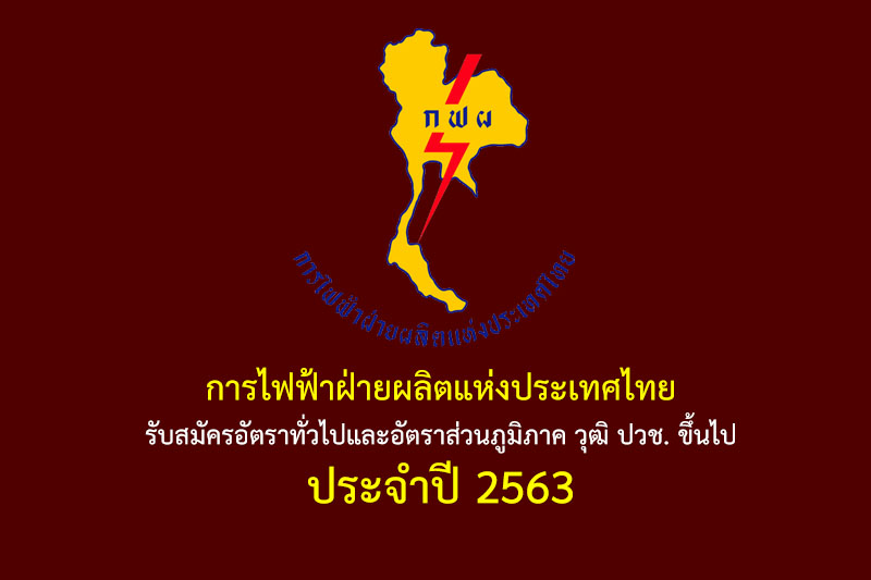 การไฟฟ้าฝ่ายผลิตแห่งประเทศไทย รับสมัครอัตราทั่วไปและอัตราส่วนภูมิภาค วุฒิ ปวช. ขึ้นไป ประจำปี 2563