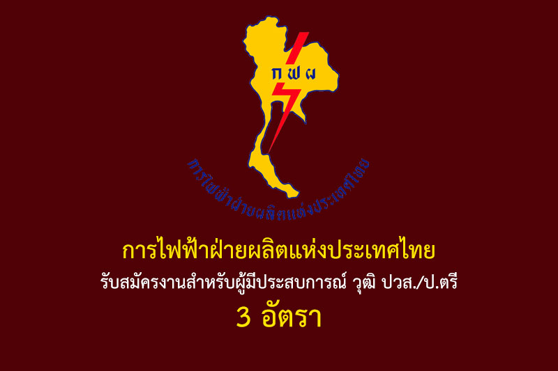การไฟฟ้าฝ่ายผลิตแห่งประเทศไทย รับสมัครงานสำหรับผู้มีประสบการณ์ วุฒิ ปวส./ป.ตรี 3 อัตรา